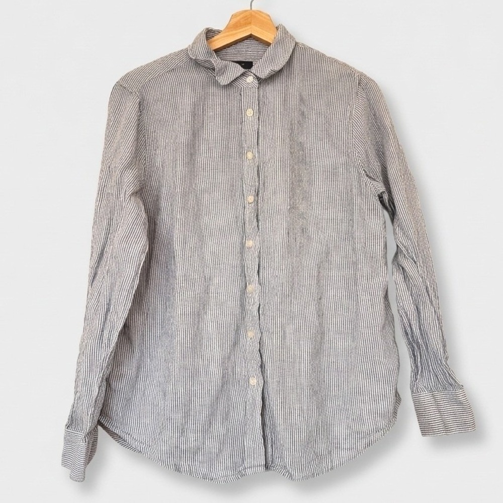 Quince 100% Linen Striped Long Sleeve Button Down Shirt Blue White Large